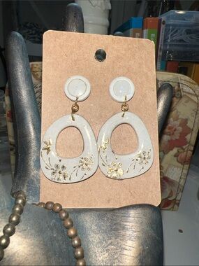 Polymer clay Hand Crafted White Drop Earrings with Gold Floral Accents